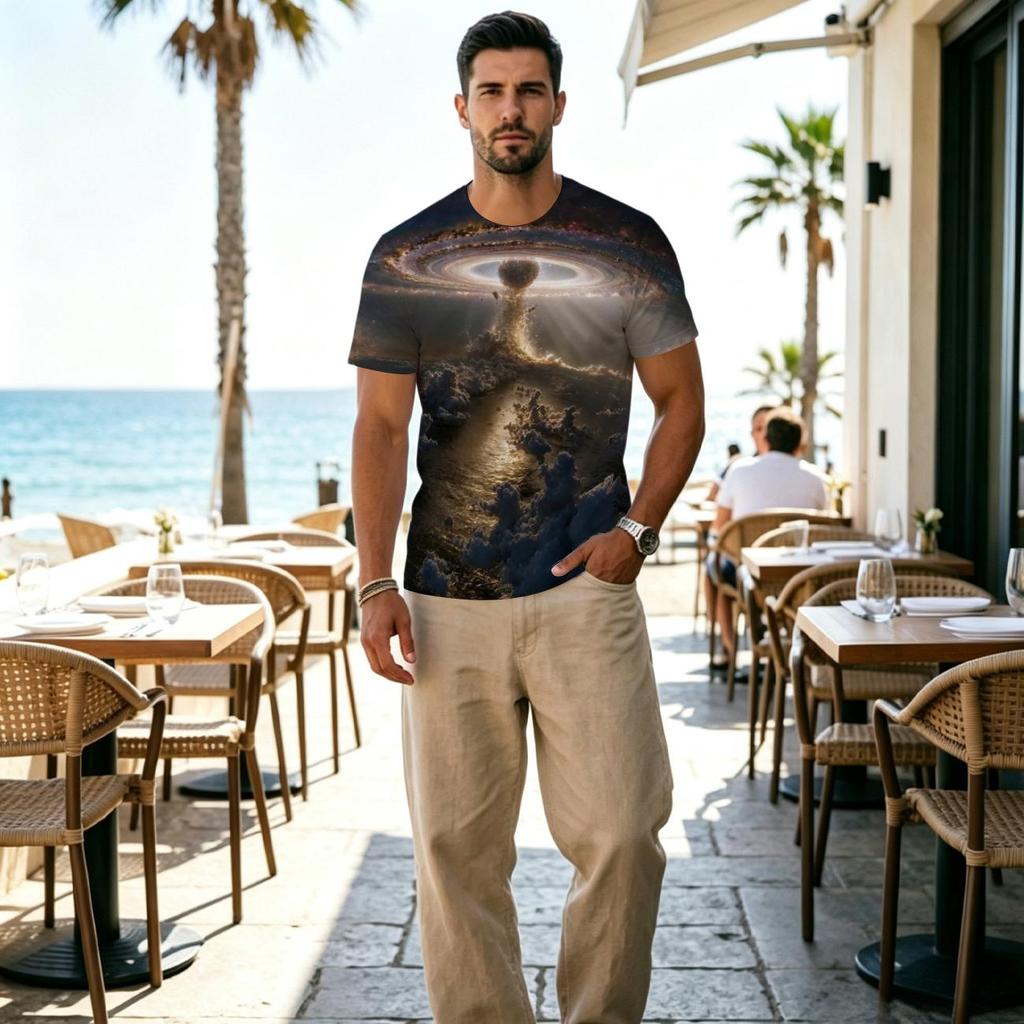 Men's Short Sleeve T-Shirt, Universe Theme 2D Print Design, Polyester Fabric, Comfortable Stylish Versatile Daily Casual Top for Halloween