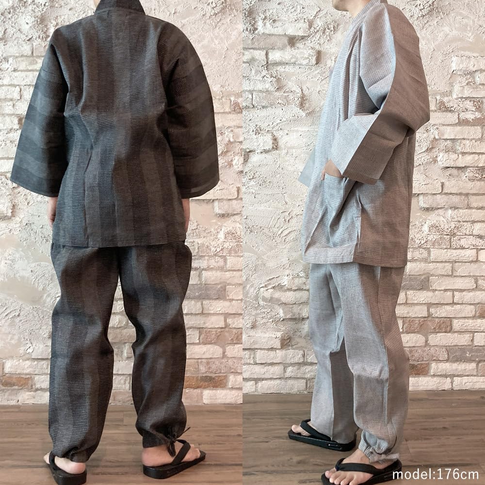 Киото Кимоно Юдзен Мужское Кимоно Самуэ, Хлопок и Лен, Круглогодичное Ношение, Эластичный Комплект Верх и Низ (Серый, Размер L)