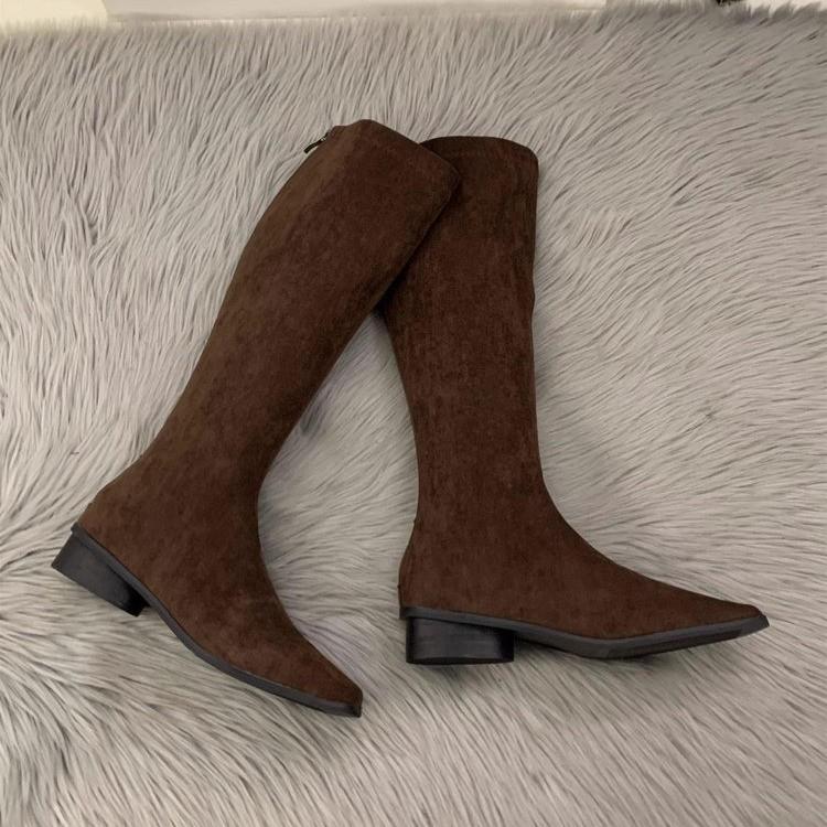 Fashion Solid Color Classic Designer Retro Women's Knee-high Boots Winter Fashion Square Low-heeled Shoes Slim Long Botas De Mujer