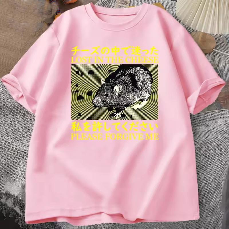 Футболки в японском стиле Lost in The Cheese Rat Футболка унисекс из хлопка с коротким рукавом Одежда унисекс Футболки Уличная одежда больших размеров