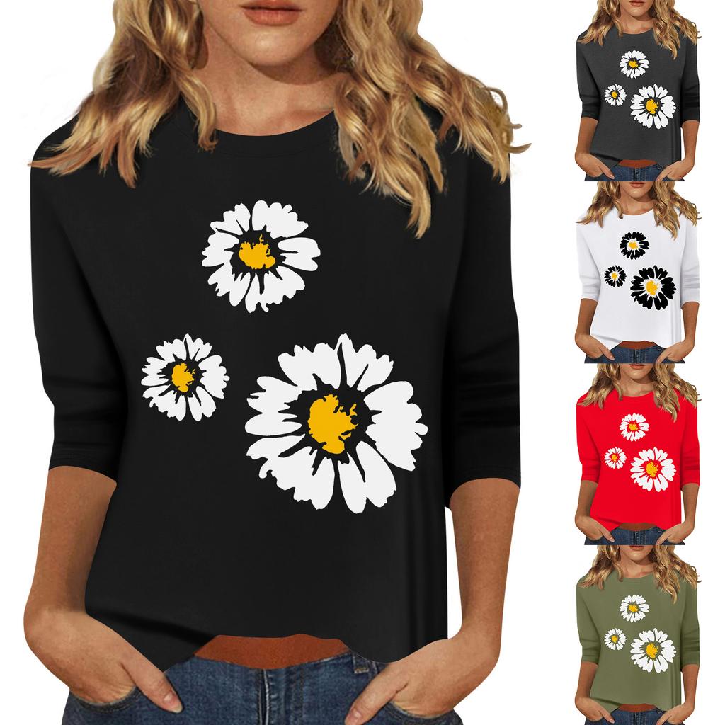 Women's Fashion Casual Printed Seven Sleeve Round Neck Top