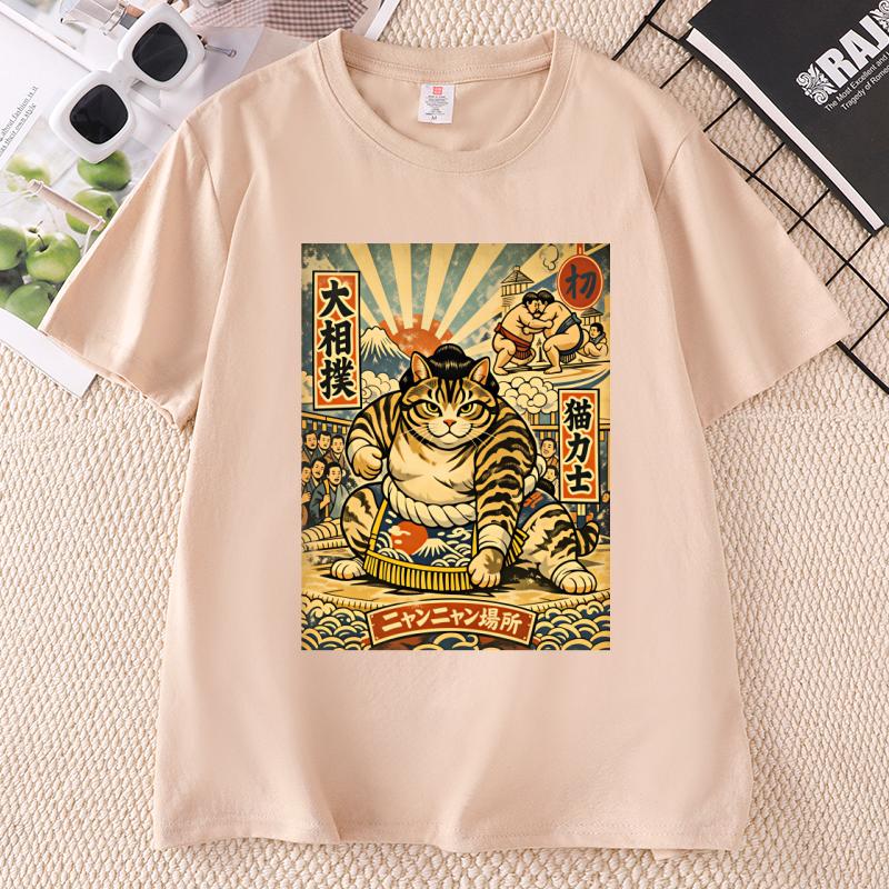 Sumo Cat TShirt Japanese Style Funny Cat Tee Casual Round Neck Printed Cotton T Shirt Streetwear Summer Casual Short Sleeve