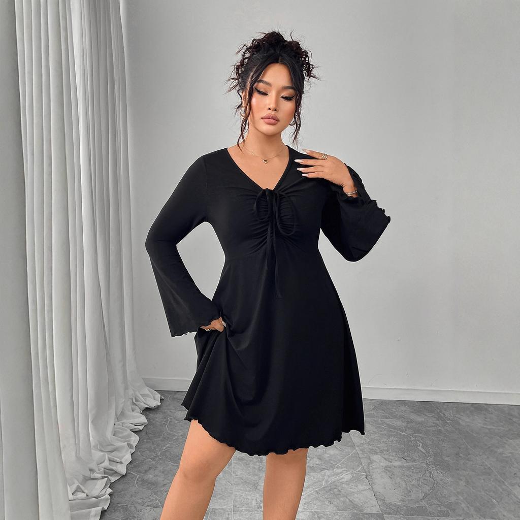 Autumn and winter new dress women's thin belly V-neck lace-up sexy dress
