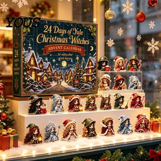 Decorative Figures for Window Christmas Witches Advent Calendar 2026, 24 Days Yule Countdown Box, 2D Blind Box Acrylic Witch Figurine Signs,