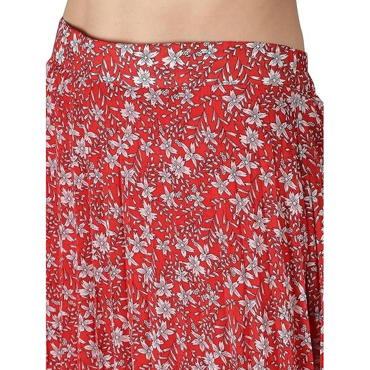 Red Floral Printed Flared Skirt Indian Women's Casual Wear Middi Skirt Dress