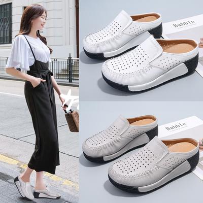 Кожаные толстоподошвенные туфли с вырезами, повседневные тапочки на танкетке, женские сандалии с закрытым носком и открытой пяткой