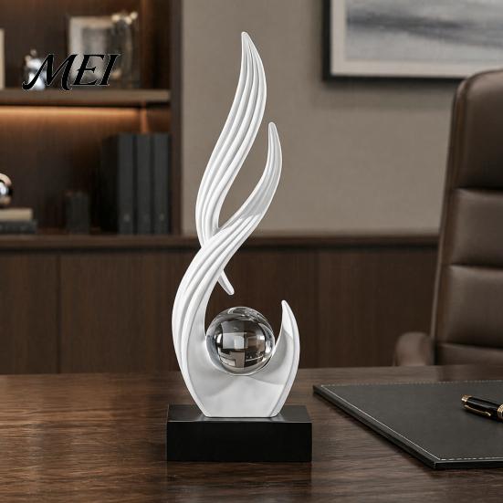 Decorative Statue for Wine Cabinet Abstract Sculpture with Clear Crystal Ball, Modern Flowing Curve Tabletop Decor Smooth Art Ornament Home