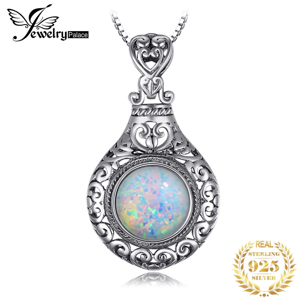 JewelryPalace Vintage 2.5ct Cabochon Created Opal 925 Silver Heart Love Statement Pendant Necklace Choker No Chain