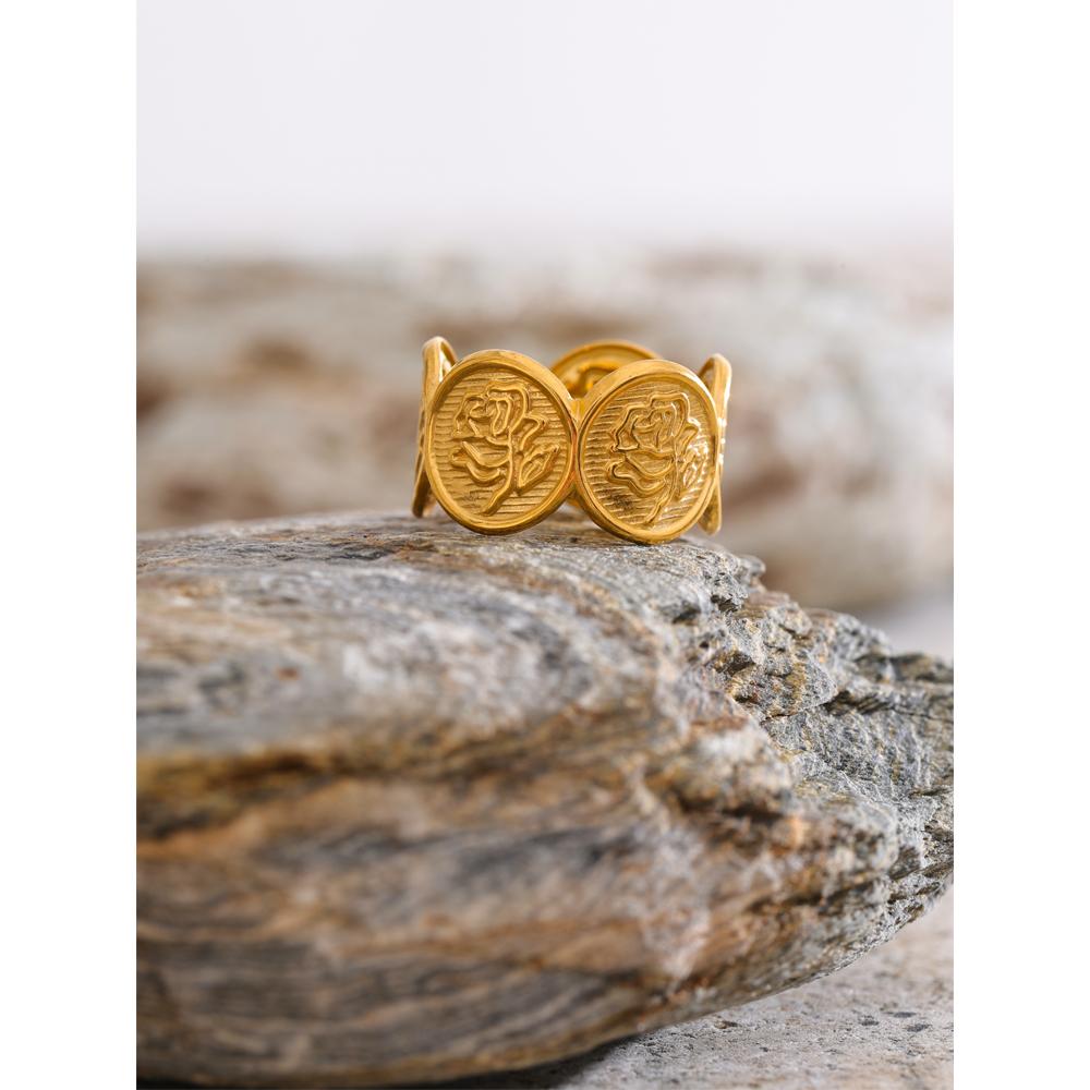 Eetit Adjustable Stainless Steel Flower Shape Open Ring 18K Golden PVD Plated Texture Popular Jewelry Recommend Gift