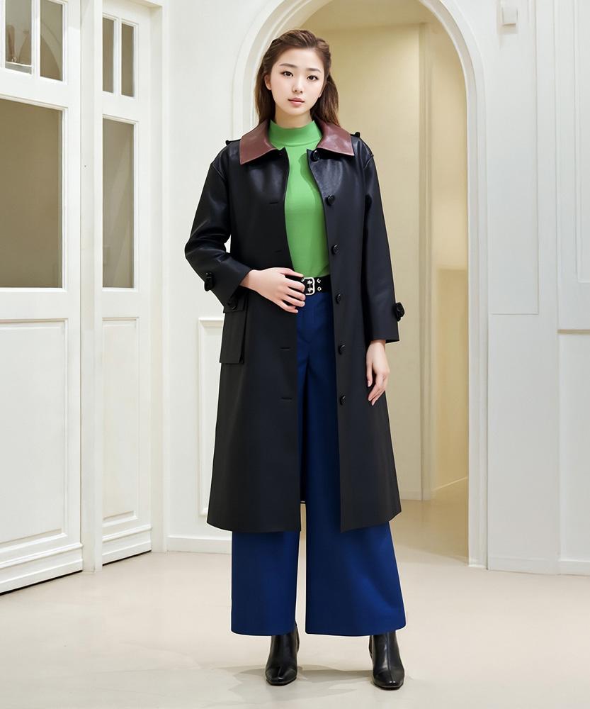 Lbyl Brown Collared Black Cotton Trench Coat