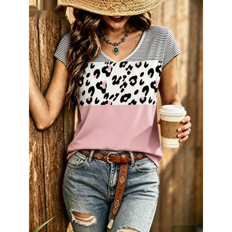Womens V-Neck Short Sleeve Loose T-Shirt With Colorful Polka Dot Print Casual Oversized Top Daily Wear