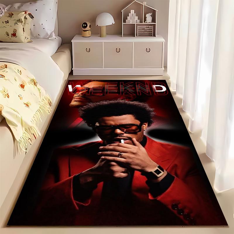 Pop Music Area Rug, The Weeknd Red Suit Sunglasses Smoking Red Background Print, Music Decor, Non-Slip Mat
