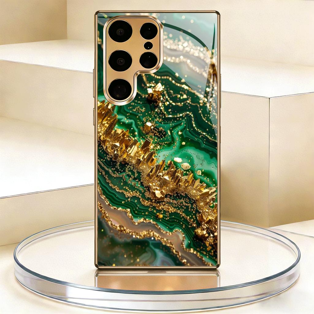 Позолоченный чехол для телефона из закаленного стекла, совместимый с Galaxy S26 S25 S24 S23 S22 Ultra Plus. Имеет текстурированный дизайн в зелено-золотых тонах.