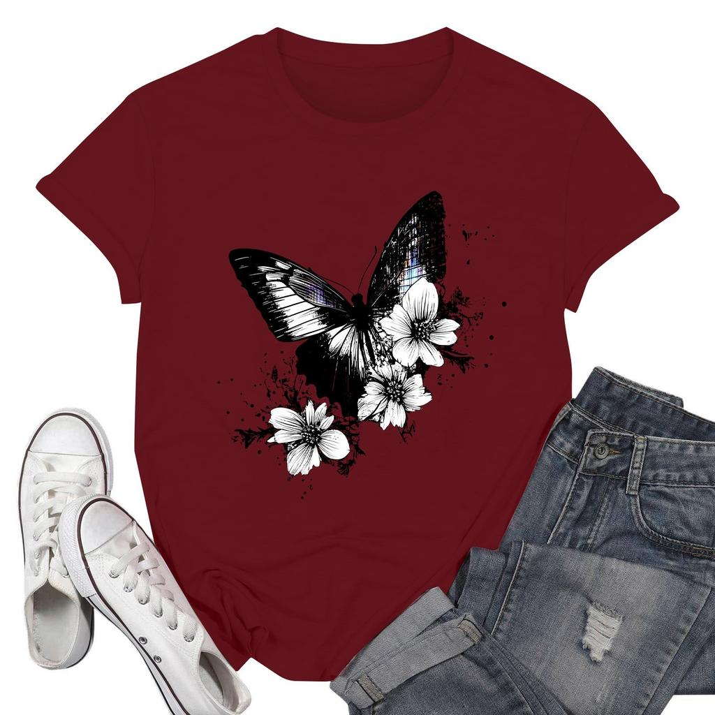 Women's Fashion Casual Printed Short Sleeve Round Neck Pullover Tops