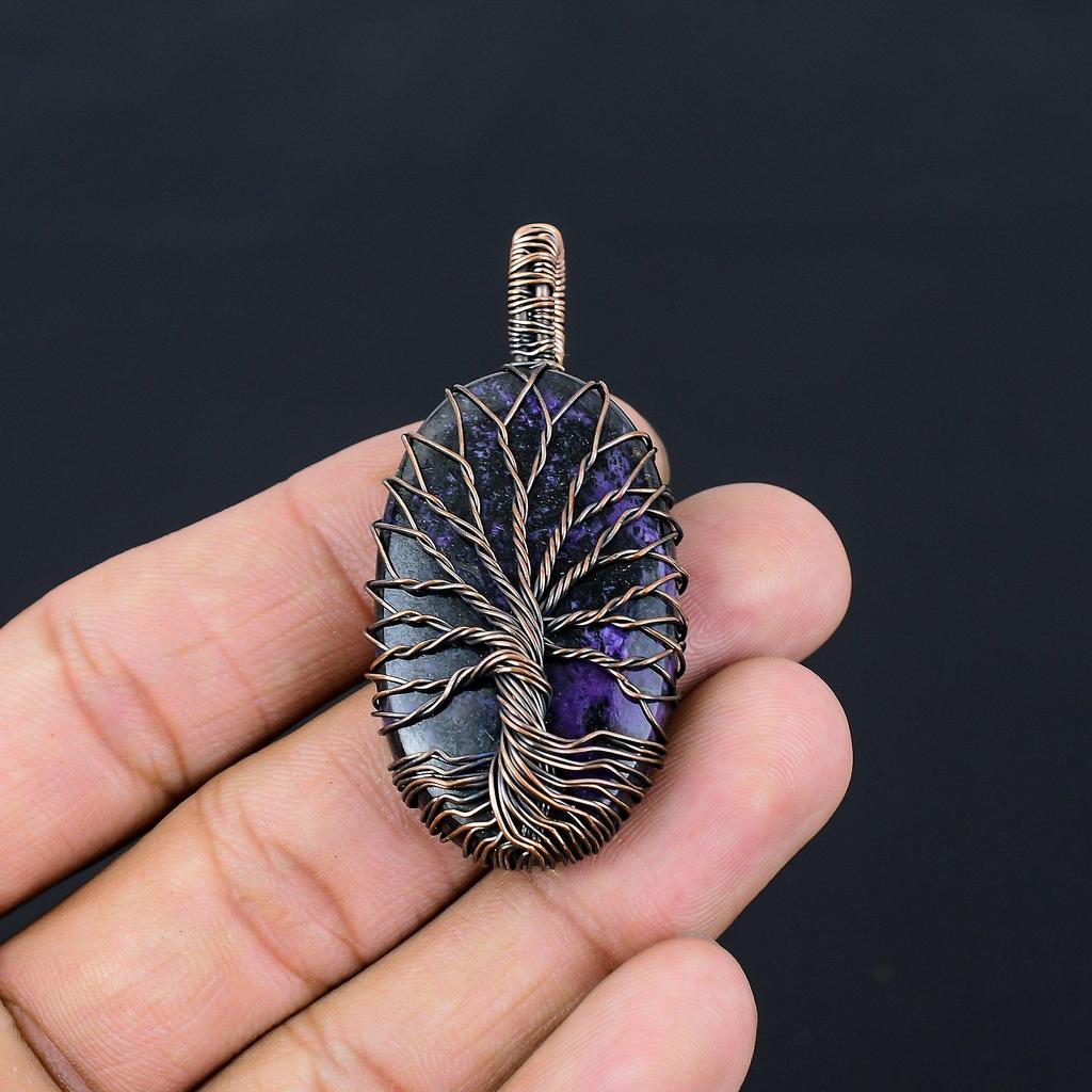 Древо Жизни Драгоценный Камень Чароит Чистая Медная Проволока Обернутая Ювелирные Изделия Кулон Ручной Работы