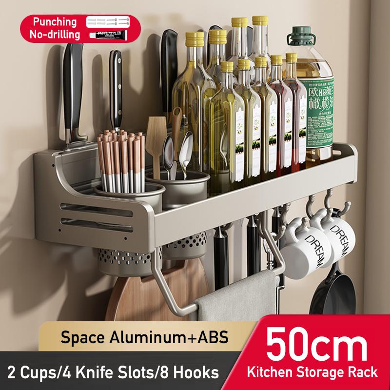 Kitchen Organizer Shelf Wall Mounted Spice Rack Seasoning Holder Dishcloth Towel Rack Knife Spoon Fork Shovel Storage Shelves
