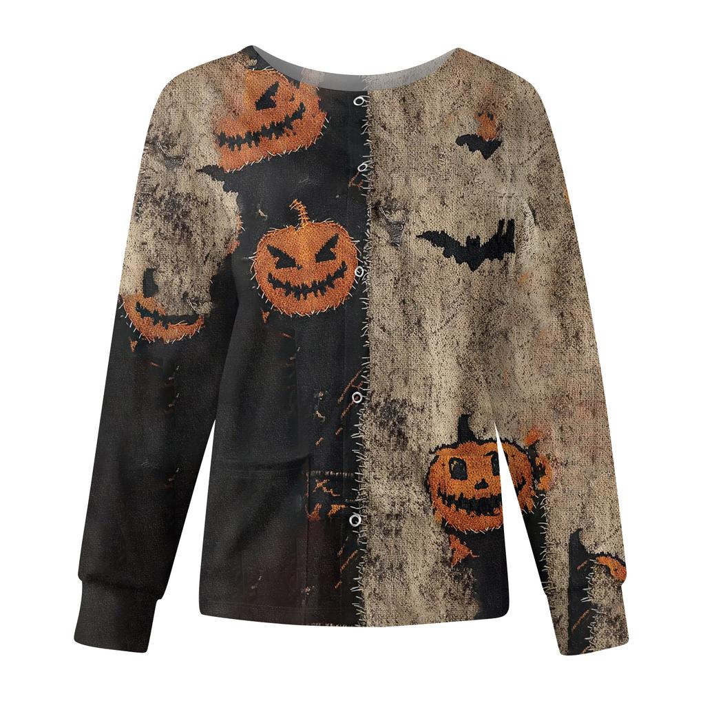 Women's Casual Fashion Long Sleeve Standing Collar Single Breasted Halloween Print Workwear Jacket Tops