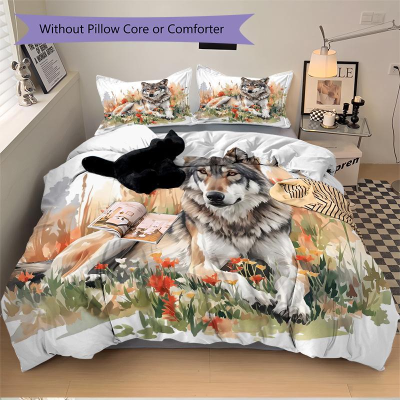 3pcs Wild Wolf amidst Autumnal Wildflowers Print Bedding Set (Without Inserts), Soft and Comfortable J092