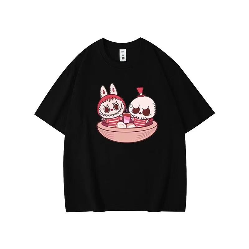 Летний топ с круглым вырезом и принтом с узором Лабубу, модная повседневная женская футболка с коротким рукавом из чистого хлопка