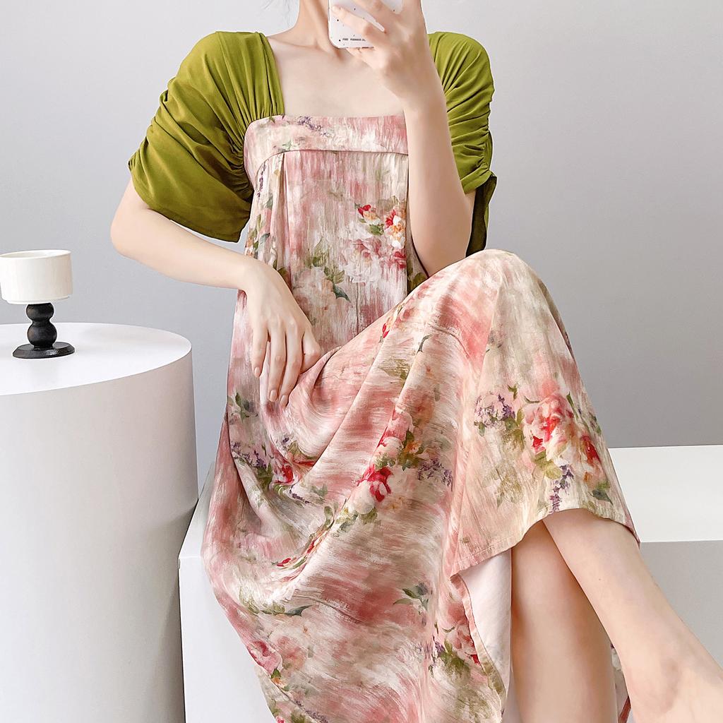 Short-sleeved cotton silk nightgown women's summer square collar improved Hanfu national style cotton silk skirt loungewear can be worn outside