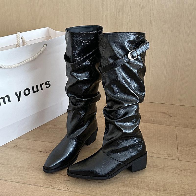 Wasteland wind belt buckle pointed two wear pile boots women's autumn and winter new suede thick heel tall boots