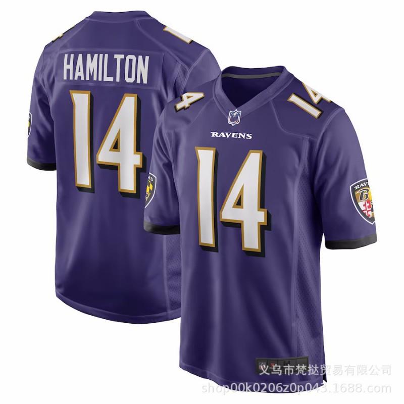 Mens NFL Baltimore Ravens Jersey 8 Lamar Jackson 14 Marlon Hamilton Purple White Black Cotton Blend Short Sleeve V-Neck Sports