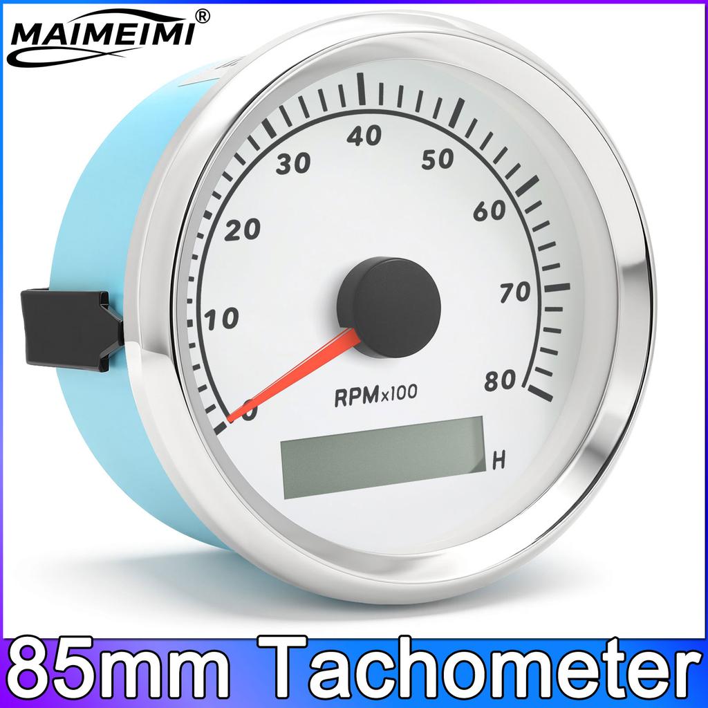 85mm Tachometer Auto Marine RPM Meter Gauge 8000RPM REV Counter LCD Hourmeter with Red Backlights 12V 24V