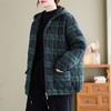 Женские большие размеры Осень и Зима Клетчатый принт Утолщенный Утепленный Клетчатый Капюшон Свободный Разрез на молнии Принтованная Длинная Куртка Повседневные Уличные Топы