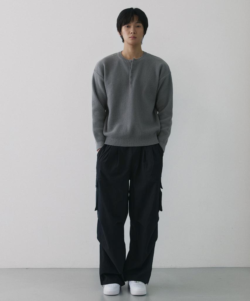 NODU Waffle Henley Neck Knit [Gray]