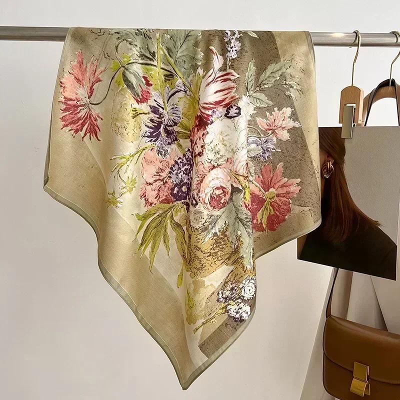 2024 Luxury Animals Floral Print 70cm Cotton Velvet Square Scarf for Women Soft Neckerchief Lady Hijab Neck Tie Hair Headbands