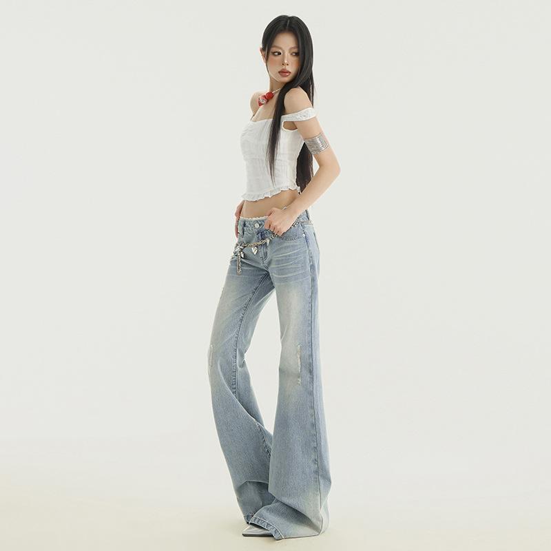 Lace splicing micro-pull new light blue washed low-rise thin denim flared pants