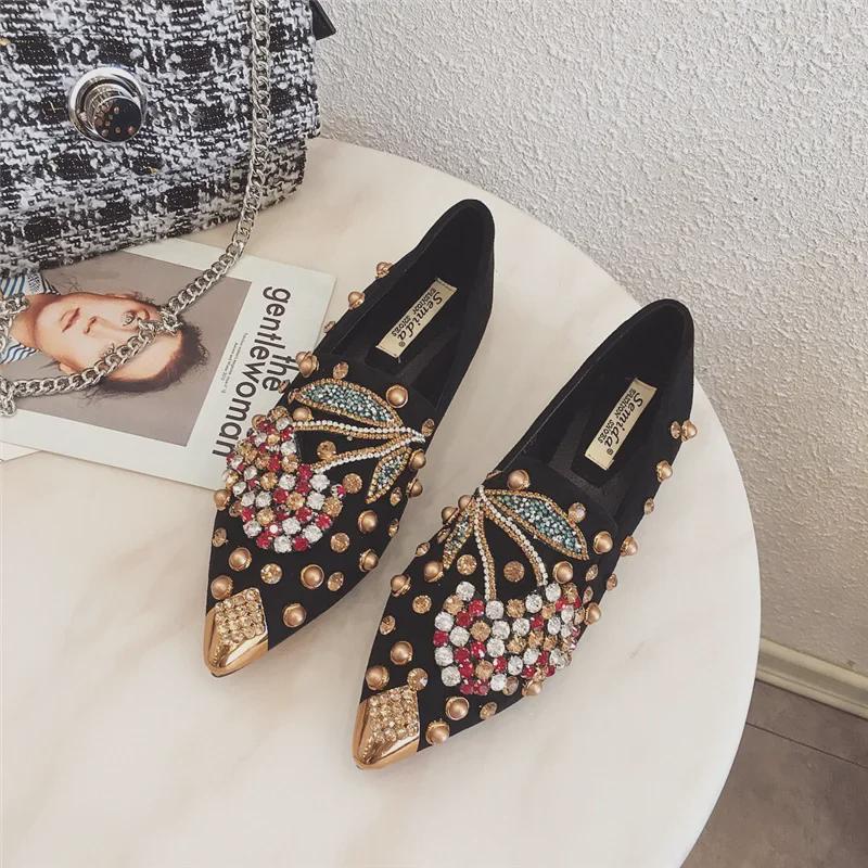 Women's 2020 Autumn Large Single Shoes - Rivet Cherry, Rhinestone Pointed Toe, Flat Style