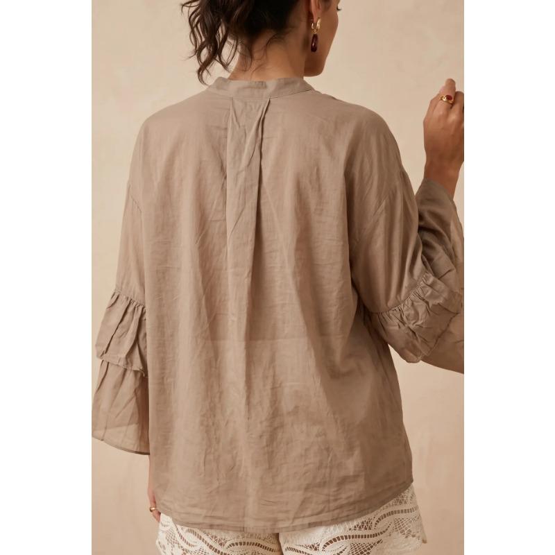 Women S Solid Stand Collar Button Long Sleeve Trumpet Loose Casual Shirt