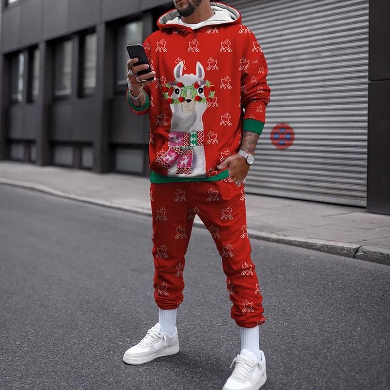 Зимний рождественский комплект с капюшоном для мужчин и женщин, уличная одежда, повседневный пуловер, свободный спортивный костюм для бега, толстовки с 3D принтом + длинные брюки