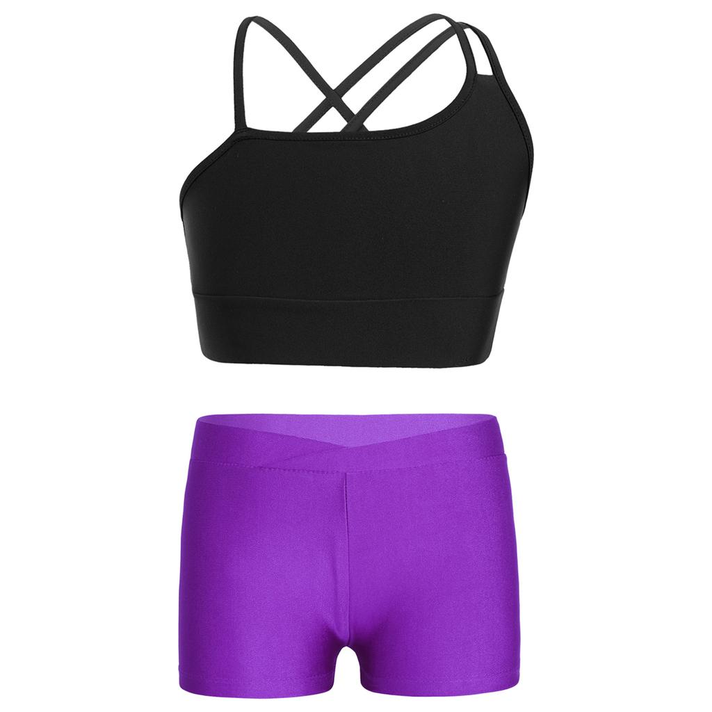 Kids Girls Asymmetrical Strappy Crop Top with Shorts for Sports Gymnastic Workout