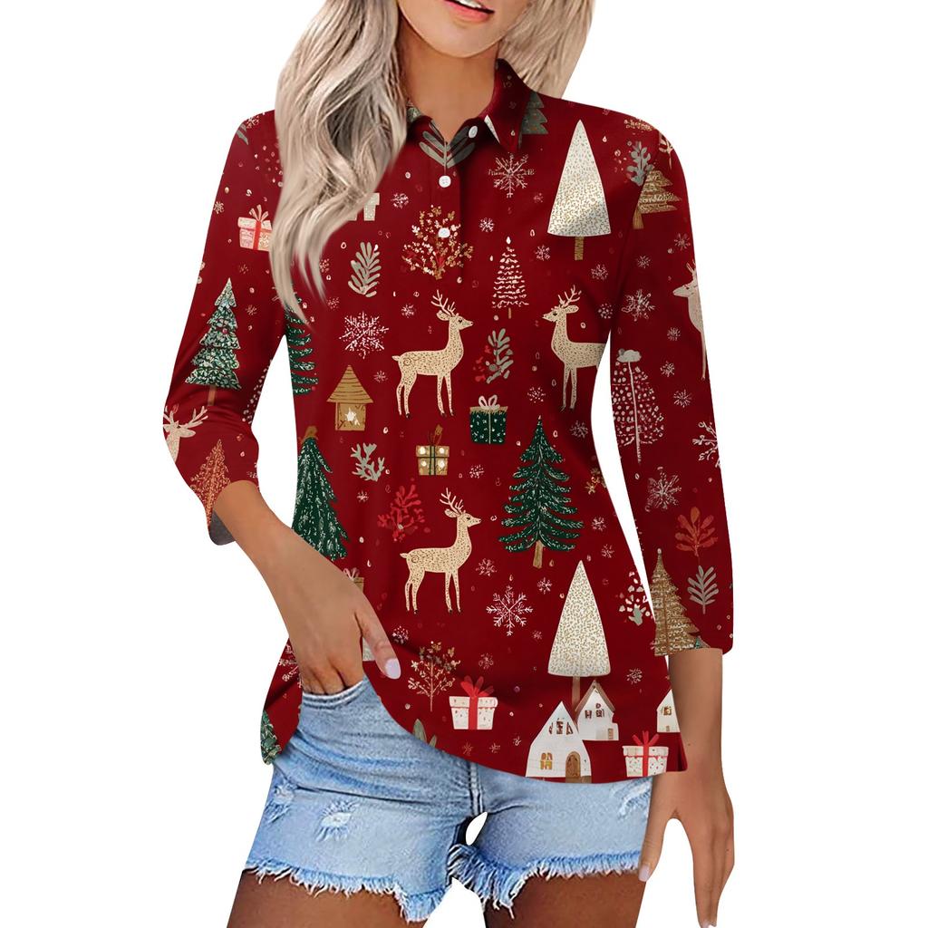 Women's Fashion Casual Lapel Short 3/4 Sleeve Christmas Print Shirt Women's Button Up Tops