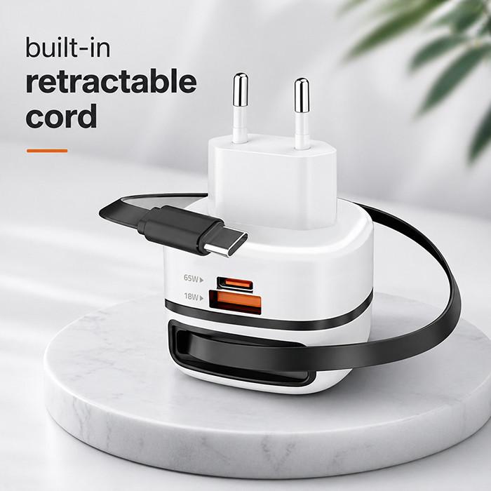 Qoltec GaN Super Fast 65W Wall Charger | USB-C PD PPS | 5-21V | 3-3.25A | Laptop | MacBook | Smartphone | 1.8m cable