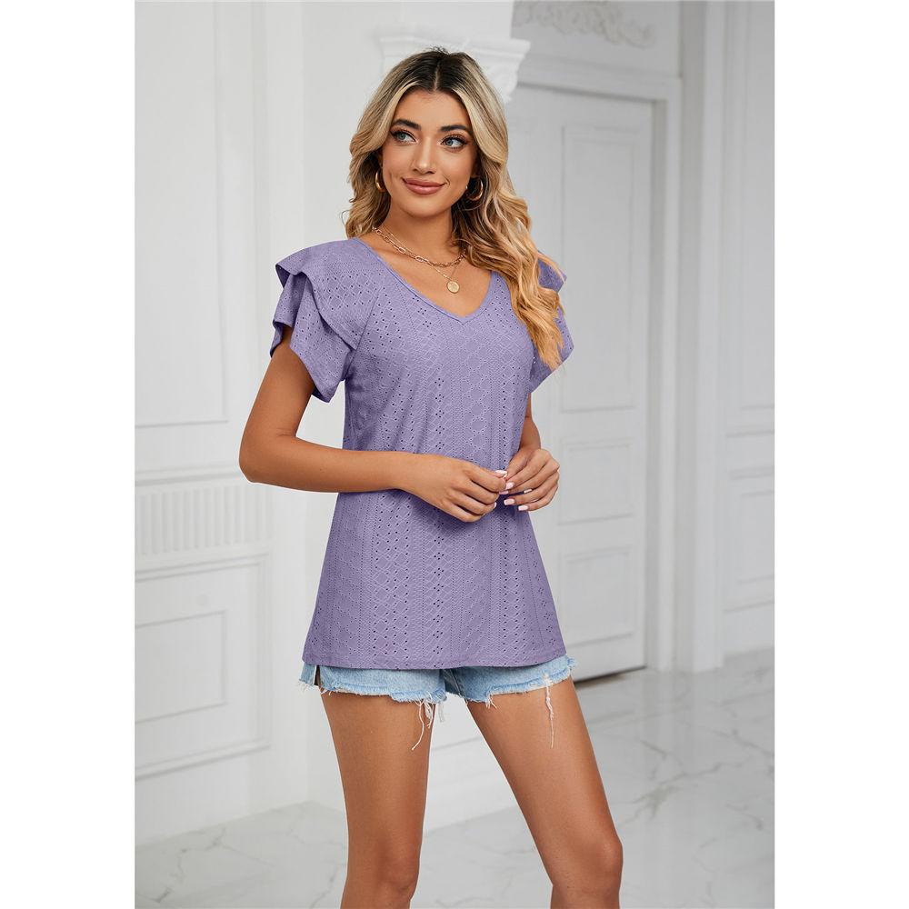 Женские летние топы с люверсами, V-образным вырезом, двойными оборками на рукавах, повседневные блузки, рубашки, свободные топы