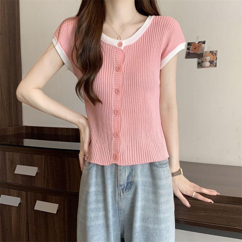 Трикотажная рубашка с короткими рукавами Retro Collision Color Ice Silk Flying для женщин, летний стиль, утягивающий дизайн, нишевый кардиган