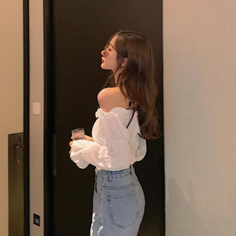 Slash Neck Sexy Off Shoulder Women's Short Top Pure Desire T-shirt Crop Top High Waisted Navel Exposed Puff Sleeve Korean Fashion Spring Autumn