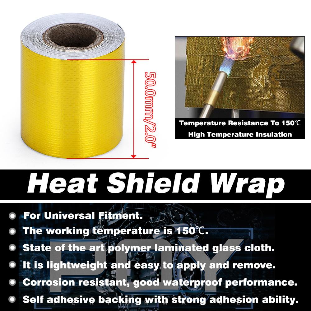 A Gold 2'' Thermal Exhaust Tape Air Intake Heat Insulation Shield Wrap Reflective Heat Barrier Self Adhesive Engine 2 Inch 5/10M