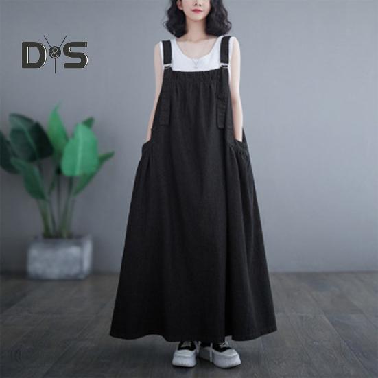 Женский джинсовый комбинезон, свободное платье-комбинезон без рукавов в стиле бохо с карманами, платье-сарафан с широким подолом и регулируемым ремешком