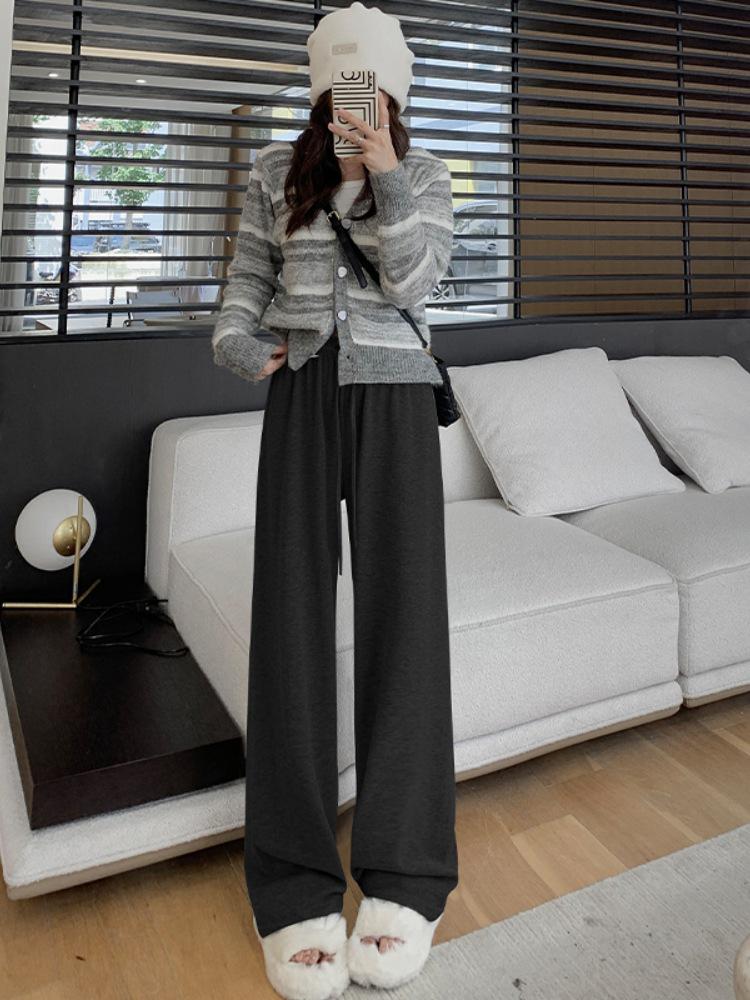 Женские темно-серые мягкие широкие брюки из клейкого риса - Весна/Осень Плюс бархат Теплые Повседневные Маленькие Длинные брюки.