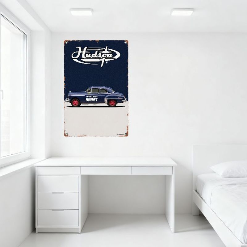 Винтажная металлическая жестяная вывеска автомобиля Hudson Hornet с ржавой каймой, ретро-американский автомобильный дизайн для декора домашнего бара, мужской комнаты