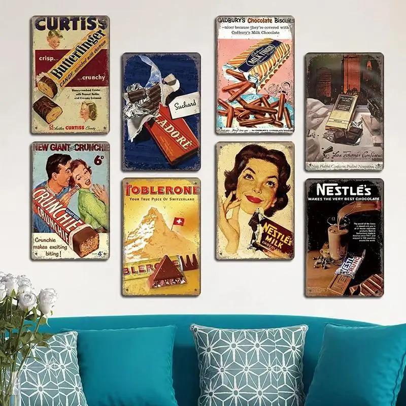 Vintage Candy Chocolate Metal Plates Cream Milk Chocolate Poster Metal Plaque Tin Sign For Kitchen Cafe Dining Room Wall Decor