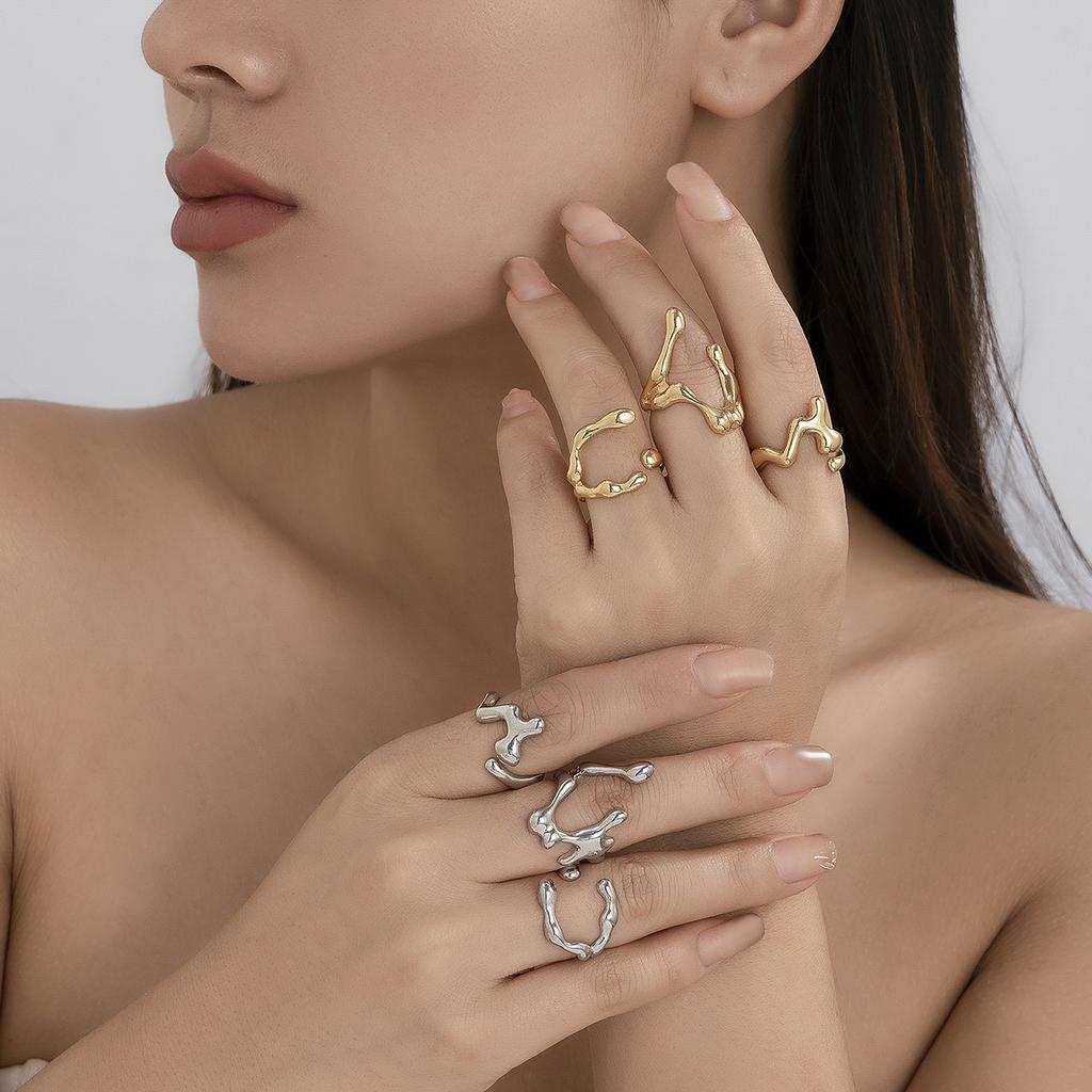 Ingemark 3Pcs Unique Irregular Smooth Rings Set Women Vintage Geometric Gold Color Lava Open Ring Couple Wed Accessories Gift