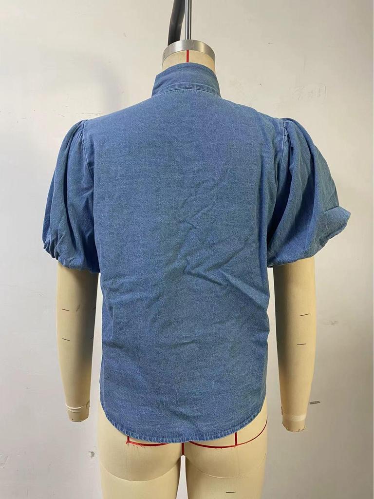 Ретро свободная джинсовая рубашка на шнуровке с кружевной отделкой и бантом для женщин - Стиль 89265