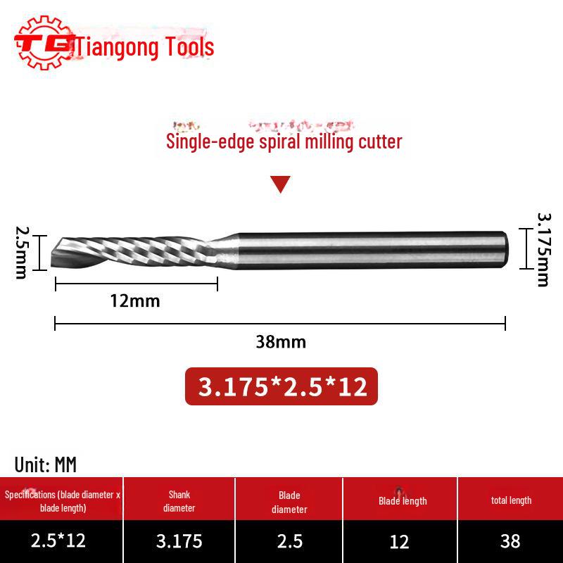 Tiangong 3.175 Engraving Knife: Single-Edged Spiral CNC Milling Cutter Tool Head