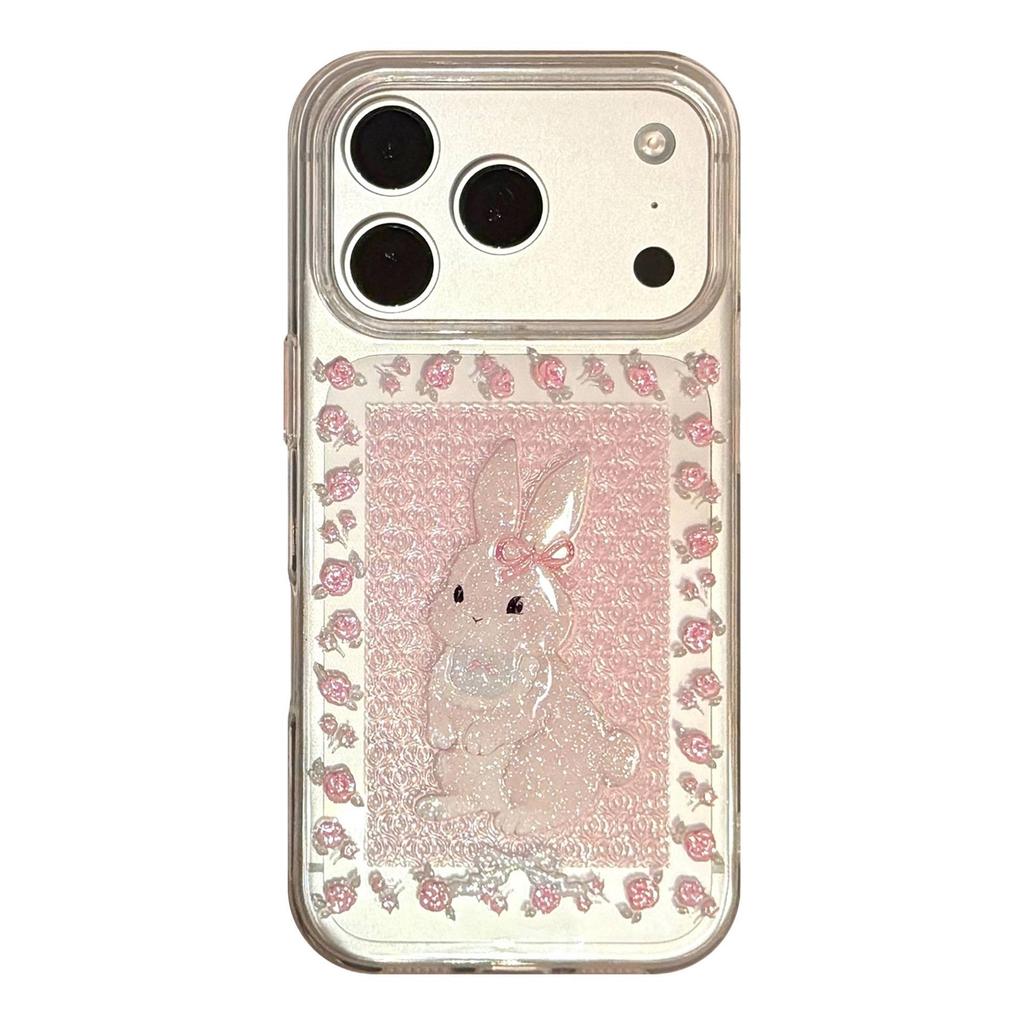 Милый Чехол-Кролик с Цветами и Блестками для iPhone 17, 16 Pro, 15, 13 - Прозрачный Мультяшный Дизайн