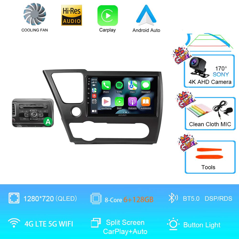 9" QLED 12G 256G Car Radio Android 14 For Honda Civic 9 2013 - 2016 Stereo Wireless Carplay Auto Navigation GPS Multimedia Playe